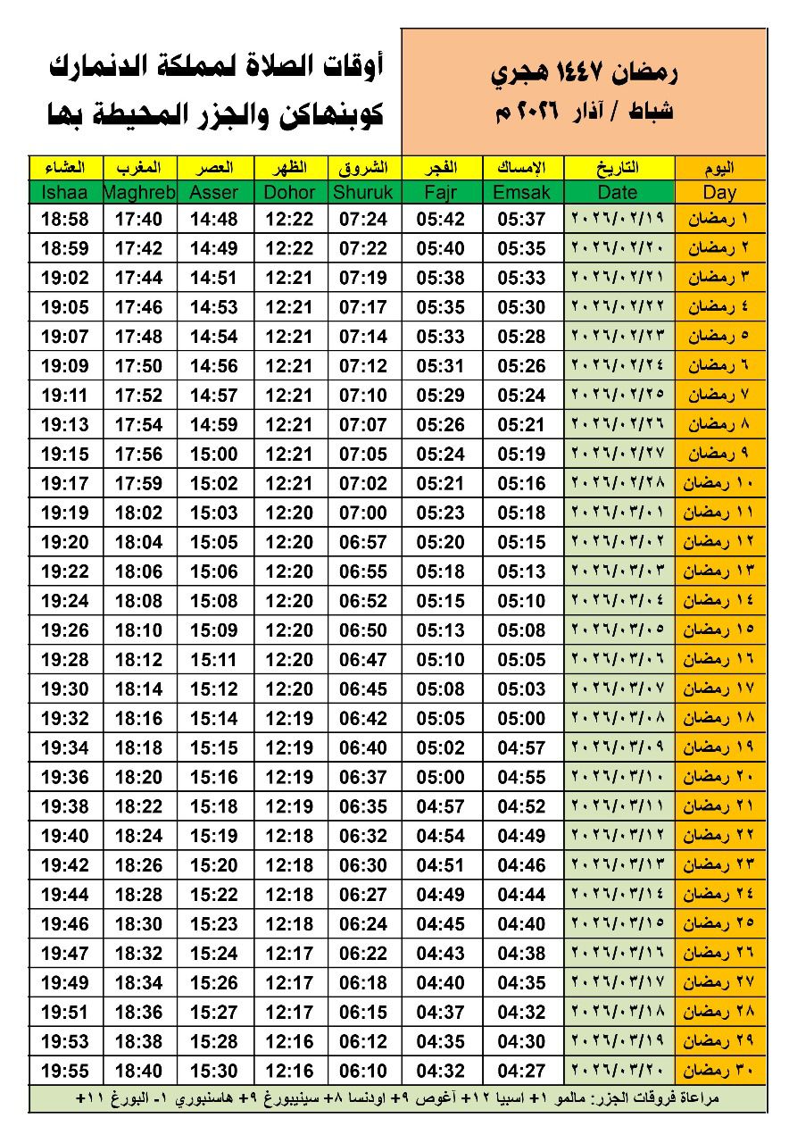 مواقيت الصلاة لشهر رمضان المبارك